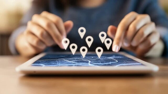Interactive digital map navigation on tablet with floating location pins for logistics, travel planning, and global business strategy