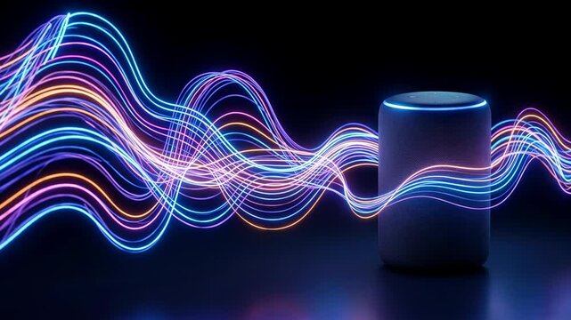 Smart speaker emitting glowing sound waves in dark environment. Wireless audio device with neon light frequency visualization. Modern digital home technology concept.