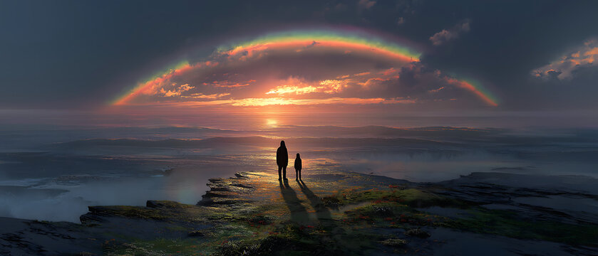 Post-flood Rebirth Scene, Two Silhouettes Under Rainbow Restart Civilization, Ancient Reproduction Legend Wide Art, Commercial Asset For Literature Animation Tourism Game Plot