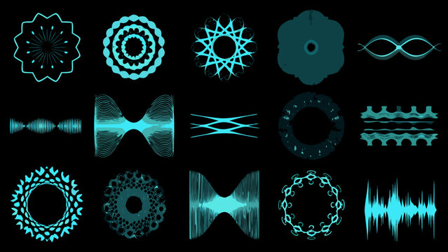 Teal audio waveform collection a vector illustration of repeating circular and linear patterns on a dark background