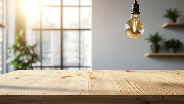 Warm light bulb hanging over an empty wooden table, creating a cozy atmosphere with blurred lights in the background