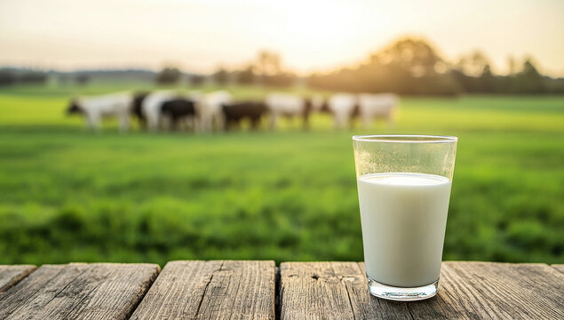Glass of milk resting on a rustic wooden table in a field with cows grazing in the background during a vibrant sunset