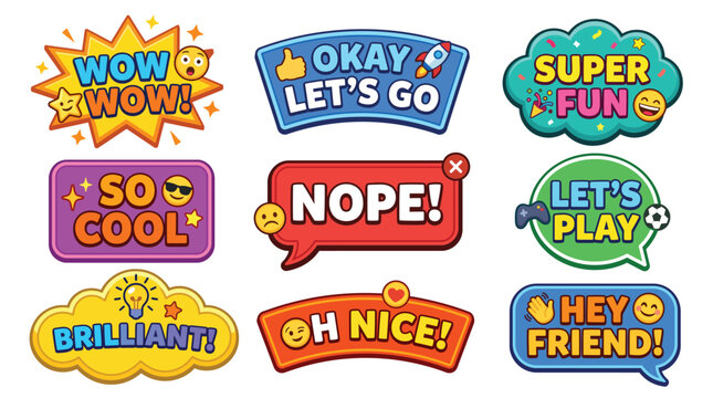 Colorful comic style speech bubble text stickers set with brilliant, colorful