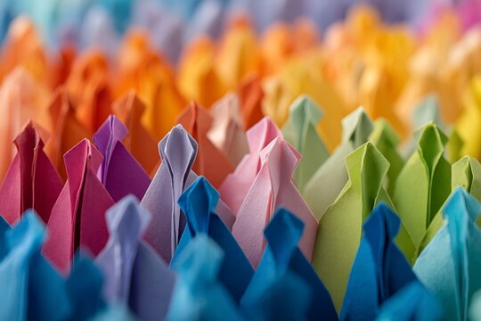 A vibrant display of colorful origami figures arranged in a neat row, creating a captivating visual pattern