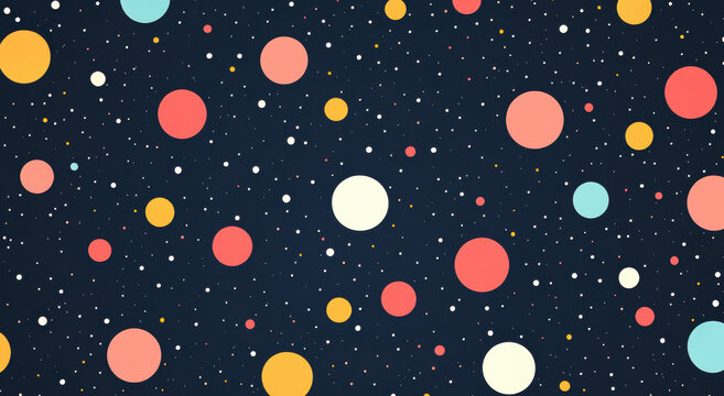 Vibrant polka dots dancing across deep background, generating whimsical geometric design with dynamic color interplay