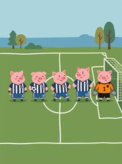 Naklejka premium Pig Soccer Team Standing on Football Field Cartoon Illustration