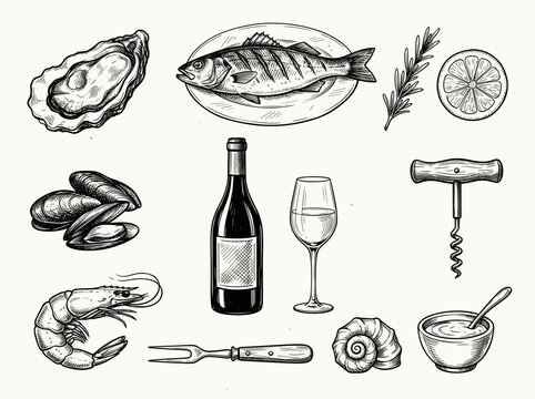 Black ink sketch of seafood set with oyster, sea bass, wine bottle and lemon on white background