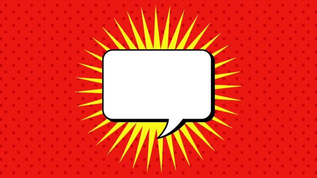 Retro comic book speech bubble popping up with radial yellow starburst on red halftone background loop