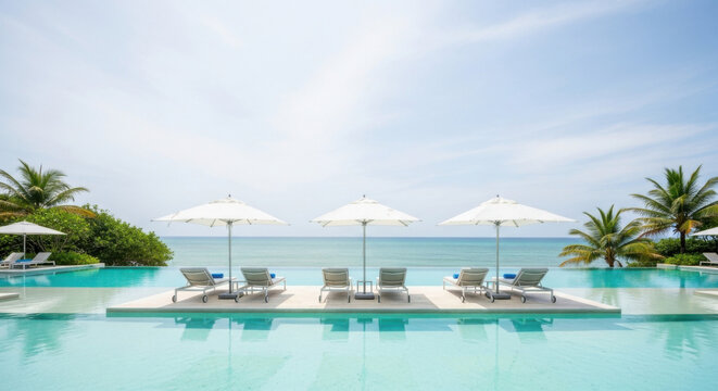 Tropical Infinity Pool And Lounge Chairs Facing The Ocean View