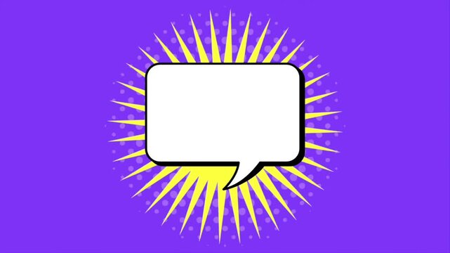 Animated blank comic speech bubble icon appearing on a purple background with a yellow sunburst graphic