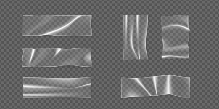 Adhesive tape strips with transparent texture and clear plastic effect. Realistic scotch pieces of sticky patches and paper labels. Adhesive elements for mockup design and creative scrapbook collage