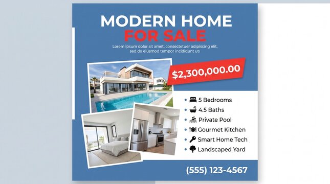 Modern house for sale listing with price and property details.