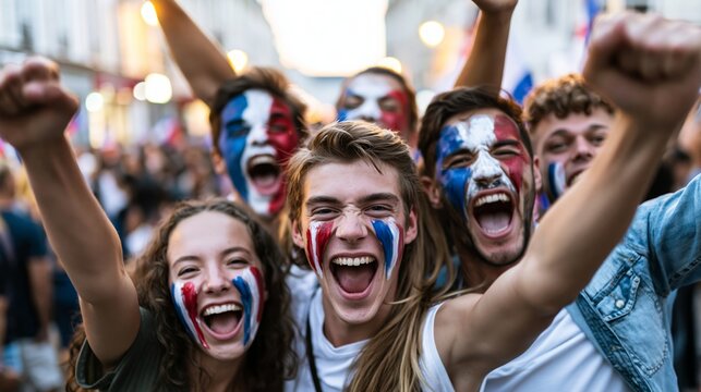 French football supporters celebrating victory, showing patriotism and fan unity with painted faces
