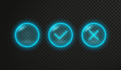 Neon check button with glowing tick and x icons on dark background. Bright blue checkmark sign with correct and wrong symbols - futuristic led checkbox effect for tech ui design elements. © vectorpouch