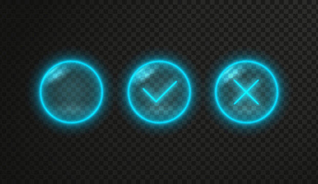 Neon check button with glowing tick and x icons on dark background. Bright blue checkmark sign with correct and wrong symbols - futuristic led checkbox effect for tech ui design elements.