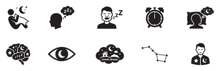 Sleep icon set. Sleep and dream icon set. Night bedtime symbol. Sleeping man alarm clock pillow brain constellation logo. Sweet dreams sign. Vector illustration. Vector Graphic. EPS 10 © Jeremy_Show