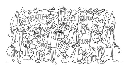 Fototapeta premium Continuous Line Drawing of People Carrying Gifts and Shopping Bags for Holiday Rush 2026