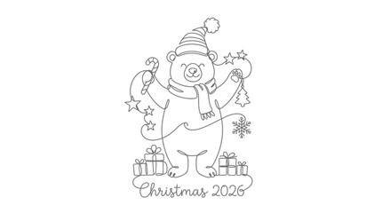 Fototapeta premium Continuous One Line Drawing of Cute Christmas Polar Bear with Gifts for 2026