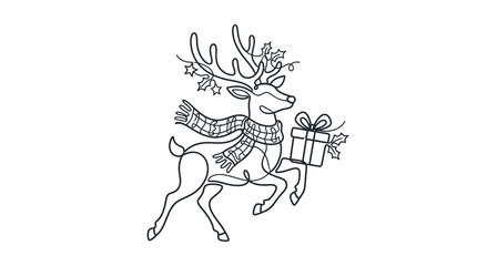Fototapeta premium Continuous One Line Drawing of Reindeer Wearing Scarf and Carrying Gift Box for Christmas Celebration