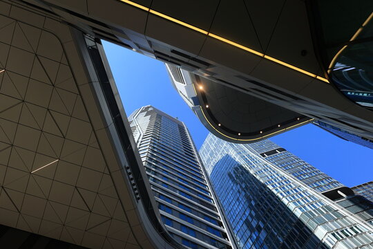Hochh&auml;user in der Frankfurter City senkrecht nach oben in den Himmel fotografiert