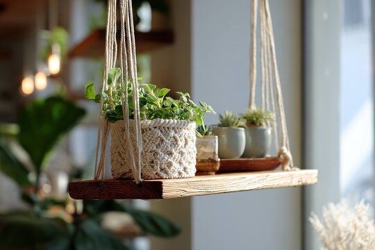 macrame shelf basket suspended from wooden bar