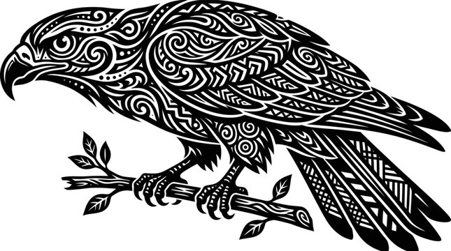 Intricate black and white raven perched on a branch with tribal zentangle patterns.