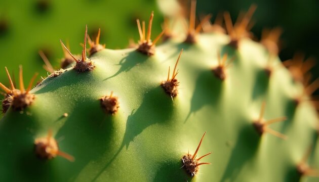 Macro view of vibrant green prickly pear cactus pad surface. Sharp orange spines grow from brown areoles on succulent plant skin. Natural green background.