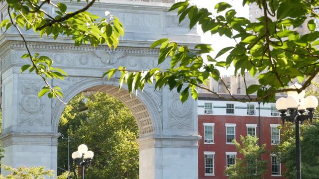 New York City Manhattan Washington Square Park arch, United States. Marble historic monument Greenwich Village. 5 fifth avenue triumphal arch. Autumn fall garden greenery. George Washington memorial.