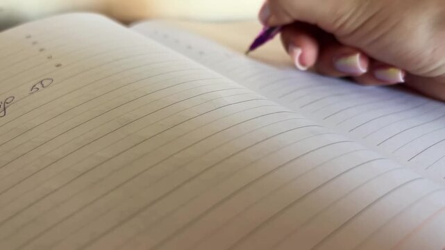 Woman with manicured nails writing with a purple pen in a daily planner, taking notes and making a to do list while journaling her thoughts in a lined notebook