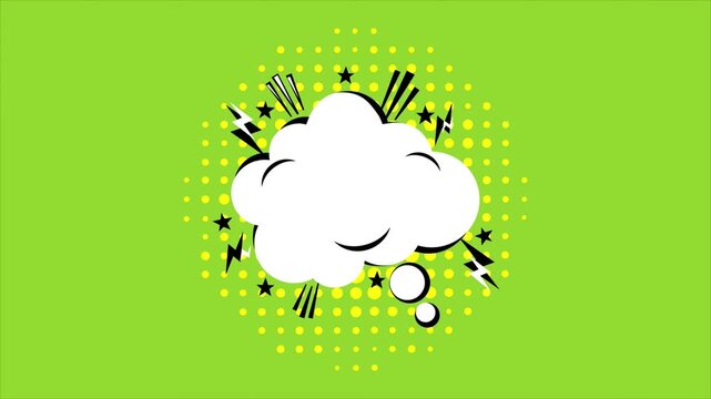 Animated pop art comic book thought bubble with dynamic lightning bursts and stars on a green background