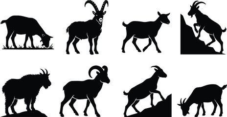 Fototapeta premium Goat Silhouette Collection with Mountain Goat Ibex Grazing Standing and Climbing Animal Poses