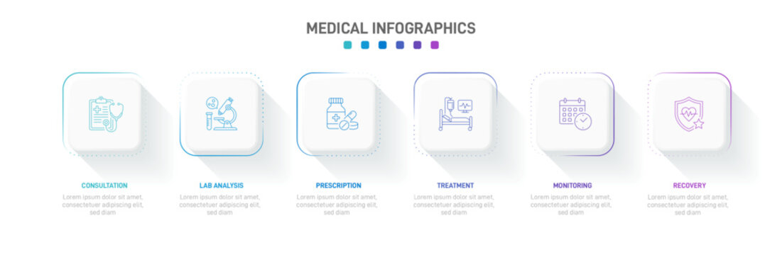 Medical infographic template with 6 steps. Patient journey workflow with line icons for consultation, lab analysis, prescription, treatment, monitoring, and recovery. Vector layout. Timeline.