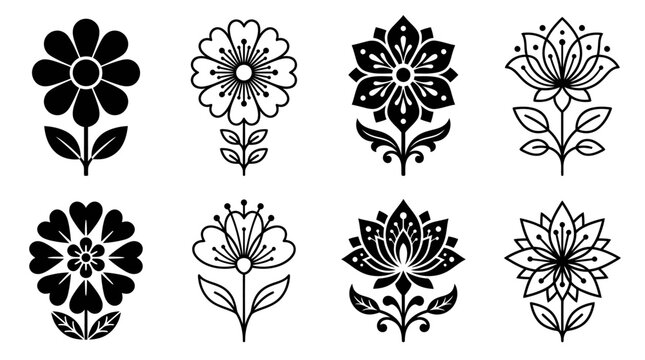 Set of eight black stylized flower icons with stems and leaves on white background