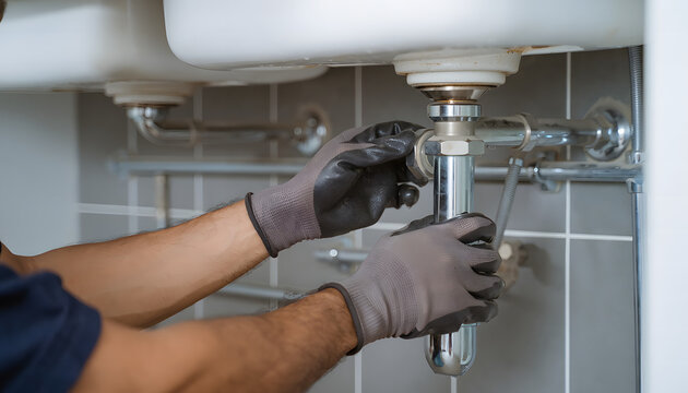 Professional plumber installing or repairing a metal siphon pipe under a bathroom sink, Ideal for renovation service banners, sanitation brochures, home maintenance advertisements.