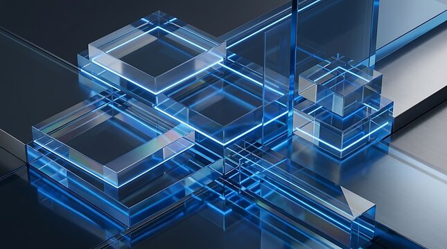 Abstract background with blue luminous glass prisms and geometric light reflections in 3d render