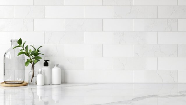 White subway tile backsplash with glass vase and toiletries on a marble countertop