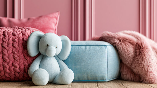 Cozy Room Concept with Decorative Pink Cushions and Cute Elephant Toy