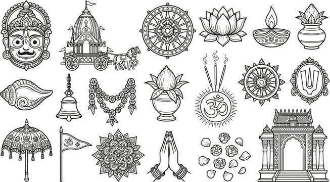 Hinduism and diwali symbols line art