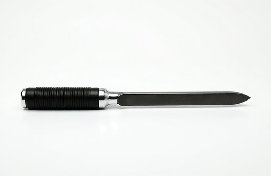 Metal knife sharpener with black grip rests on white background. Tool has shiny chrome neck and black blade. Professional kitchen equipment for blade maintenance.