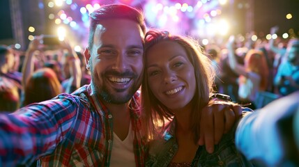 Fototapeta premium Happy young couple taking selfie at vibrant music festival, celebrating with friends during a lively night concert