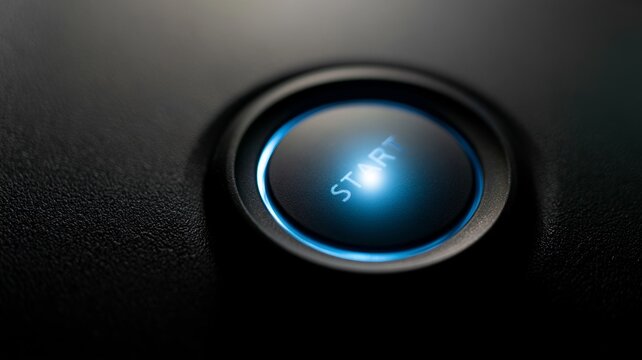 Illuminated blue START button glowing on dark textured surface, symbolizing new beginnings, power, and technology