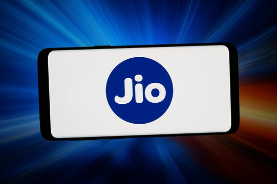 Stuttgart, Germany - 06-22-2026: In this photo illustration, the logo of Indian technology company Jio Platforms Ltd. is displayed on a smartphone in front of abstract background on computer screen.