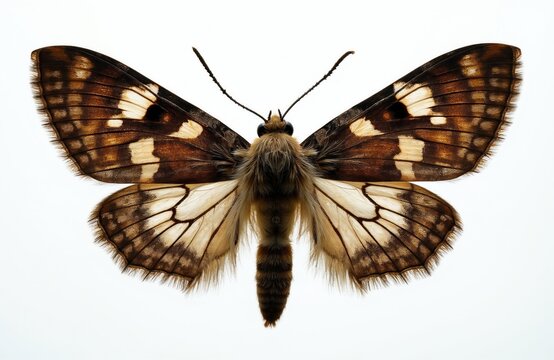 Brown and white moth, Dysgonia algira species, isolated on white background. Detailed macro view of insect with patterned wings and antennae. Natural history study subject.