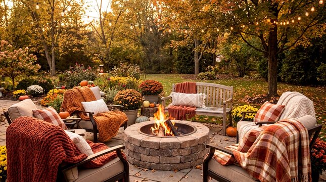 fall outdoor decor, warm and inviting outdoor seating with blankets and fire pits amidst autumn leaves