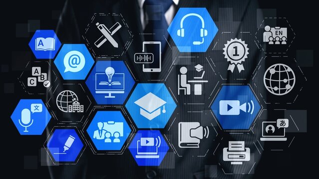Online education icons show e-learning, online education classes, and digital study. Online education enables global online education access, flexible learning. Gist