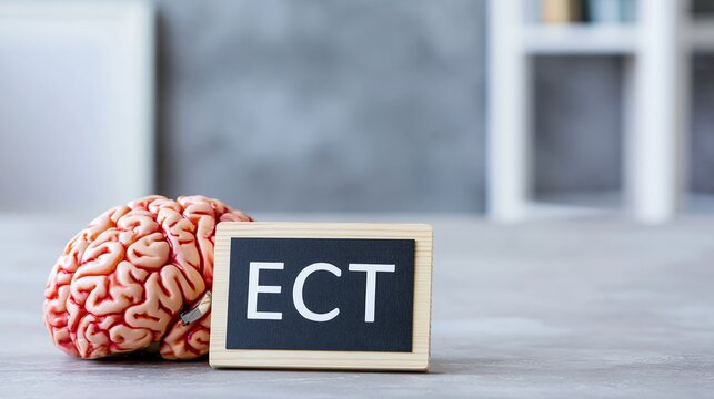 ECT concept, electroconvulsive therapy sign standing beside a human brain model, symbolizing mental health treatment