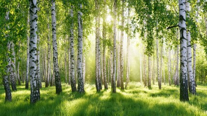 Fototapeta premium Birch forest in springtime with sun shining through new leaves, lush green grass and white tree trunks