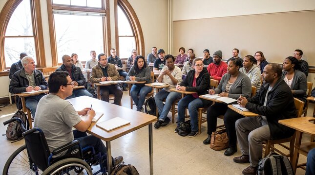 community learning environment, a diverse group of adult learners engaging in discussions in a bright classroom