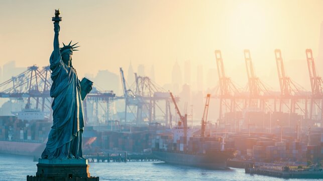 Statue of Liberty overlooking a bustling global trade port with shipping containers and industrial cranes at sunset