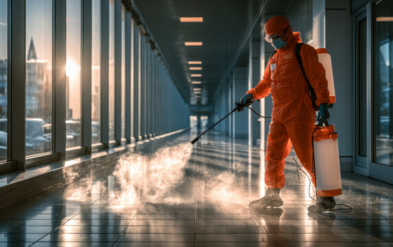 Professional Sanitization Operation in Modern Facility at Sunset